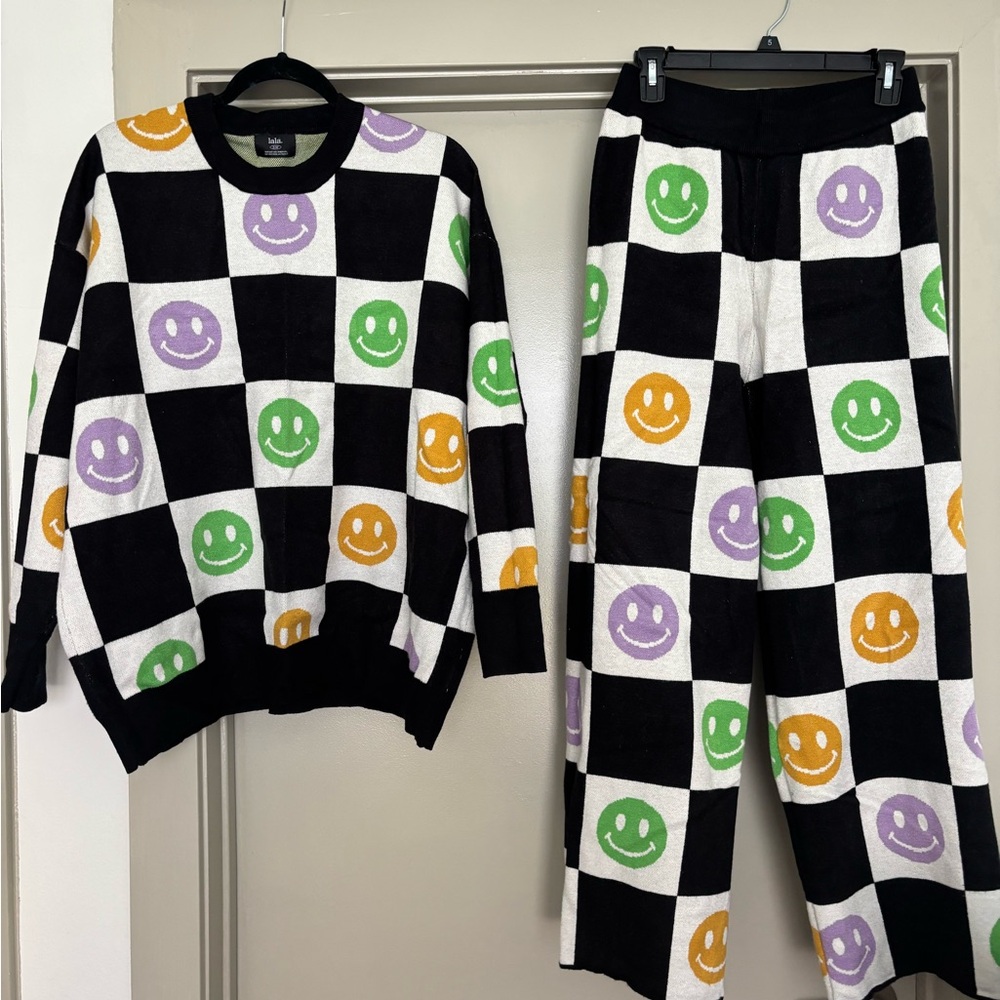 Dressed in LALA Black and White Checkered Set with Smiley Faces